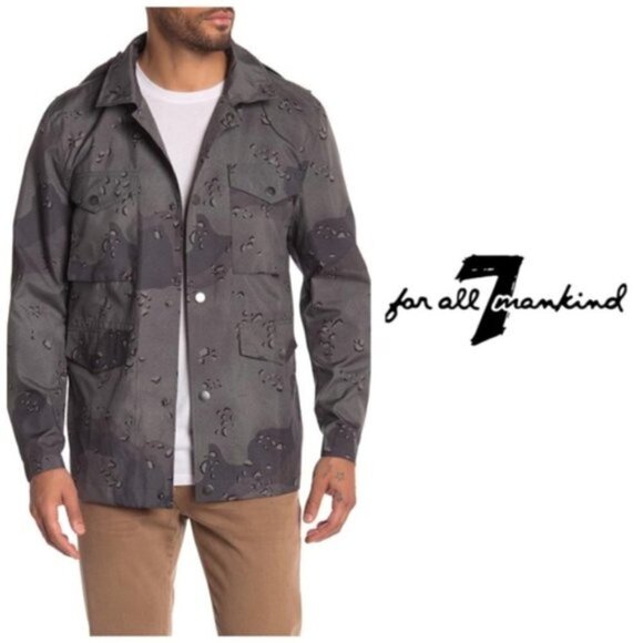 7 For All Mankind Mens Gray Camo Hooded Button Front Light Army Jacket Sz L New - Picture 8 of 9
